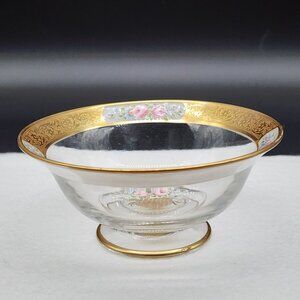 Vintage Hand-Painted Glass Bowl With Gold Trim Enamel Floral Design 5" Diameter